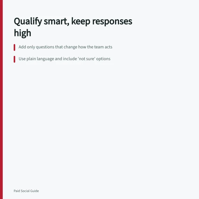 Qualify smart, keep responses high: Add only questions that change how the team acts; Use plain language and include 'not sure' options; LinkedIn allows up to 3 custom questions in Lead Gen Forms. Adding qualification questions without losing every response