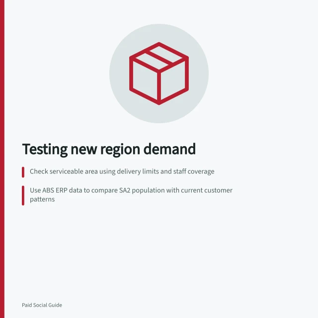 Testing new region demand: Check serviceable area using delivery limits and staff coverage; Use ABS ERP data to compare SA2 population with current customer patterns; Set trial goal: confirm enquiries meet service rules and cost limits. Assessing whether a new region has enough demand