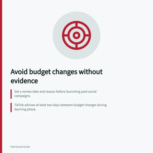 Avoid budget changes without evidence: Set a review date and reason before launching paid social campaigns.; TikTok advises at least two days between budget changes during learning phase.; Only adjust budgets after checking delivery, measurement and business outcomes. Avoiding repeated budget changes before enough evidence accumulates