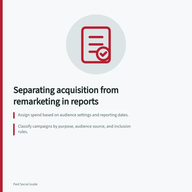Separating acquisition from remarketing in reports: Assign spend based on audience settings and reporting dates.; Classify campaigns by purpose, audience source, and inclusion rules.; Export platform data using consistent dates, currency, and attribution settings. Building a report that separates acquisition from remarketing