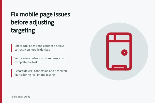 Fix mobile page issues before adjusting targeting: Check URL opens and content displays correctly on mobile devices; Verify form controls work and users can complete the task; Record device, connection and observed faults during real phone testing. Checking mobile page friction before changing targeting