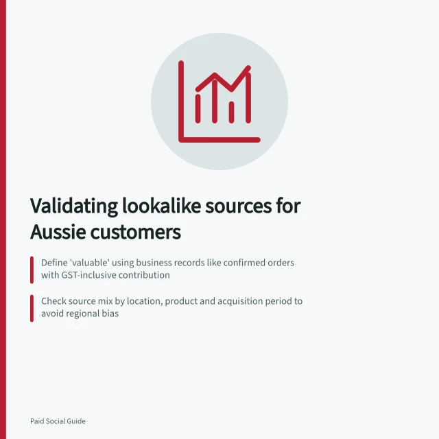 Validating lookalike sources for Aussie customers: Define 'valuable' using business records like confirmed orders with GST-inclusive contribution; Check source mix by location, product and acquisition period to avoid regional bias; Confirm platform eligibility: TikTok requires 100+ mapped users, not 1,000 as previously stated. Checking whether a lookalike source represents valuable customers