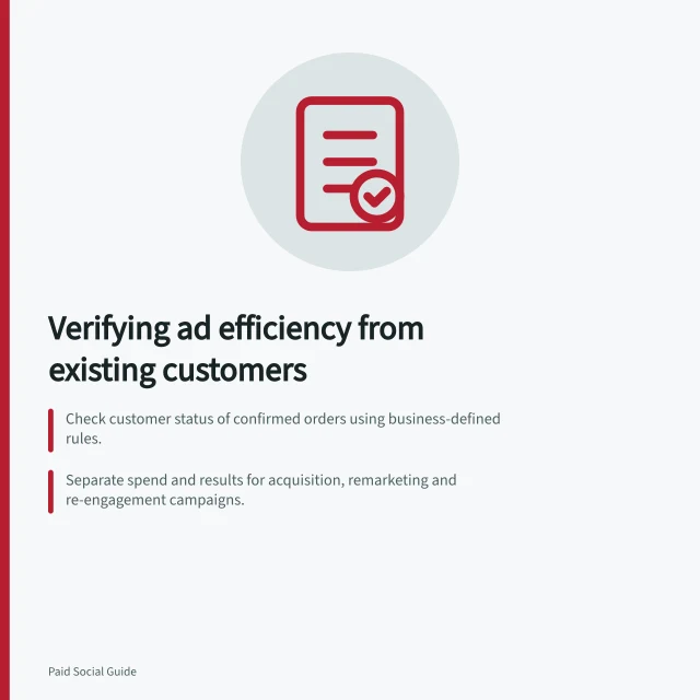 Verifying ad efficiency from existing customers: Check customer status of confirmed orders using business-defined rules.; Separate spend and results for acquisition, remarketing and re-engagement campaigns.; Use order-level reconciliation to match ads to known orders with clear method and coverage. Checking whether reported efficiency comes from existing customers