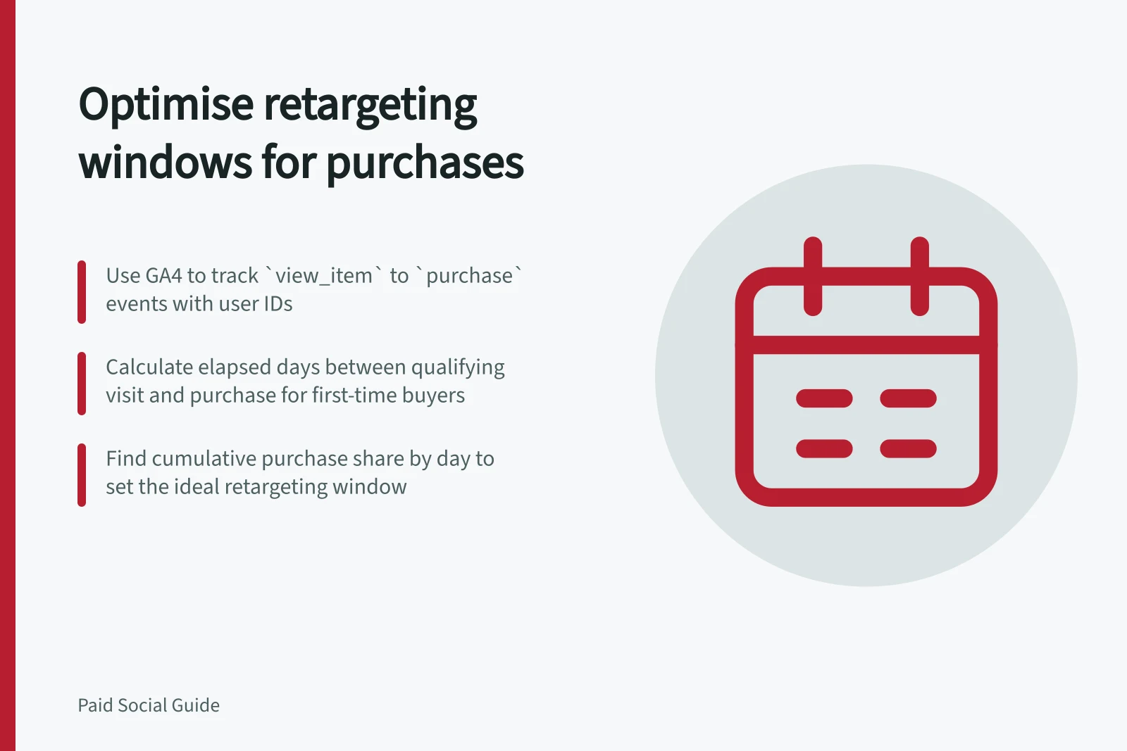 Optimise retargeting windows for purchases: Use GA4 to track `view_item` to `purchase` events with user IDs; Calculate elapsed days between qualifying visit and purchase for first-time buyers; Find cumulative purchase share by day to set the ideal retargeting window