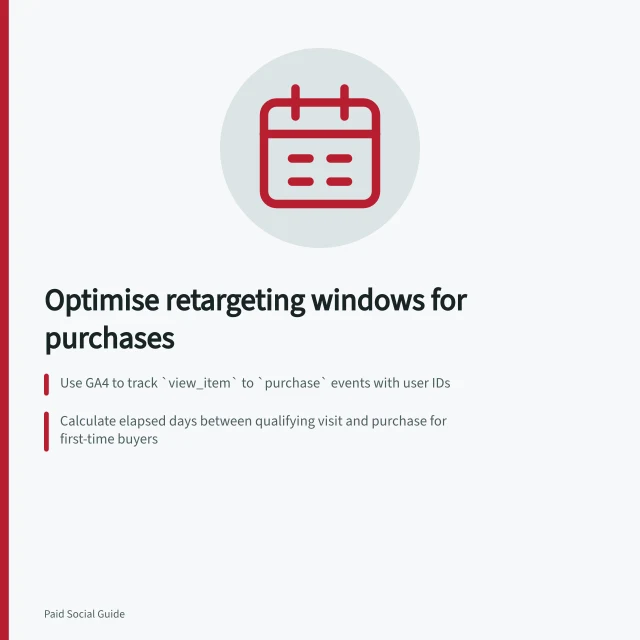 Optimise retargeting windows for purchases: Use GA4 to track `view_item` to `purchase` events with user IDs; Calculate elapsed days between qualifying visit and purchase for first-time buyers; Find cumulative purchase share by day to set the ideal retargeting window. Choosing a retargeting window from the purchase cycle
