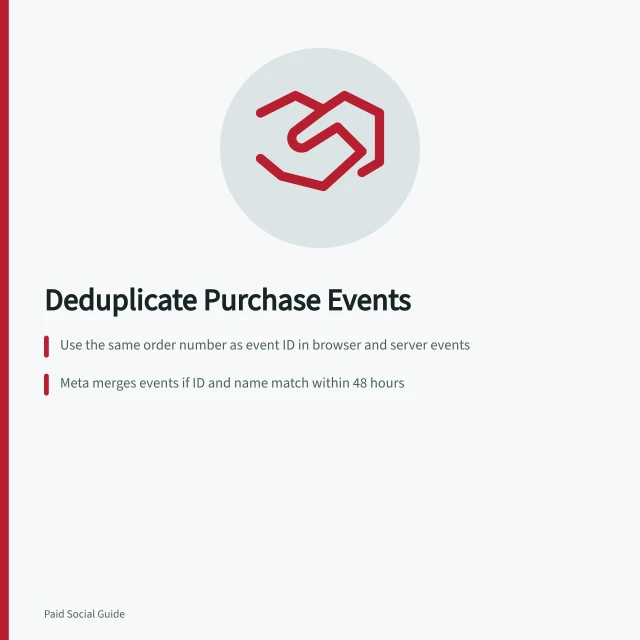 Deduplicate Purchase Events: Use the same order number as event ID in browser and server events; Meta merges events if ID and name match within 48 hours; Verify deduplicated count in Events Manager and match to commerce system. Deduplicating purchase events from two data sources