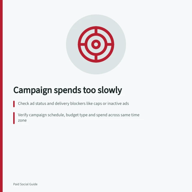 Campaign spends too slowly: Check ad status and delivery blockers like caps or inactive ads; Verify campaign schedule, budget type and spend across same time zone; Adjust only the constraint shown by evidence—e.g. bid, audience or cap. Diagnosing a campaign that spends too slowly