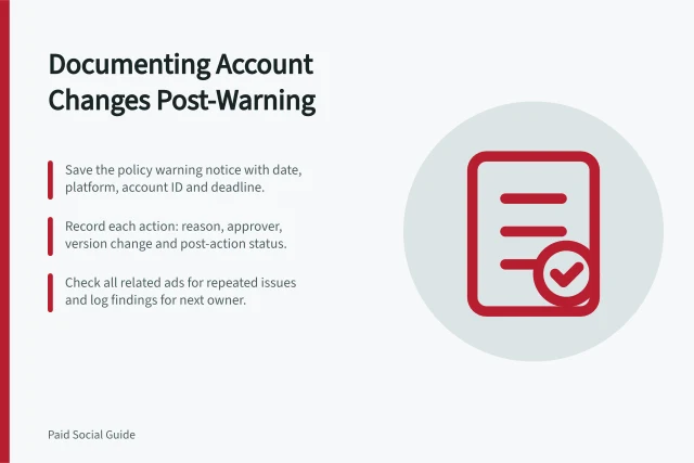 Documenting Account Changes Post-Warning: Save the policy warning notice with date, platform, account ID and deadline.; Record each action: reason, approver, version change and post-action status.; Check all related ads for repeated issues and log findings for next owner. Documenting account changes after a policy warning