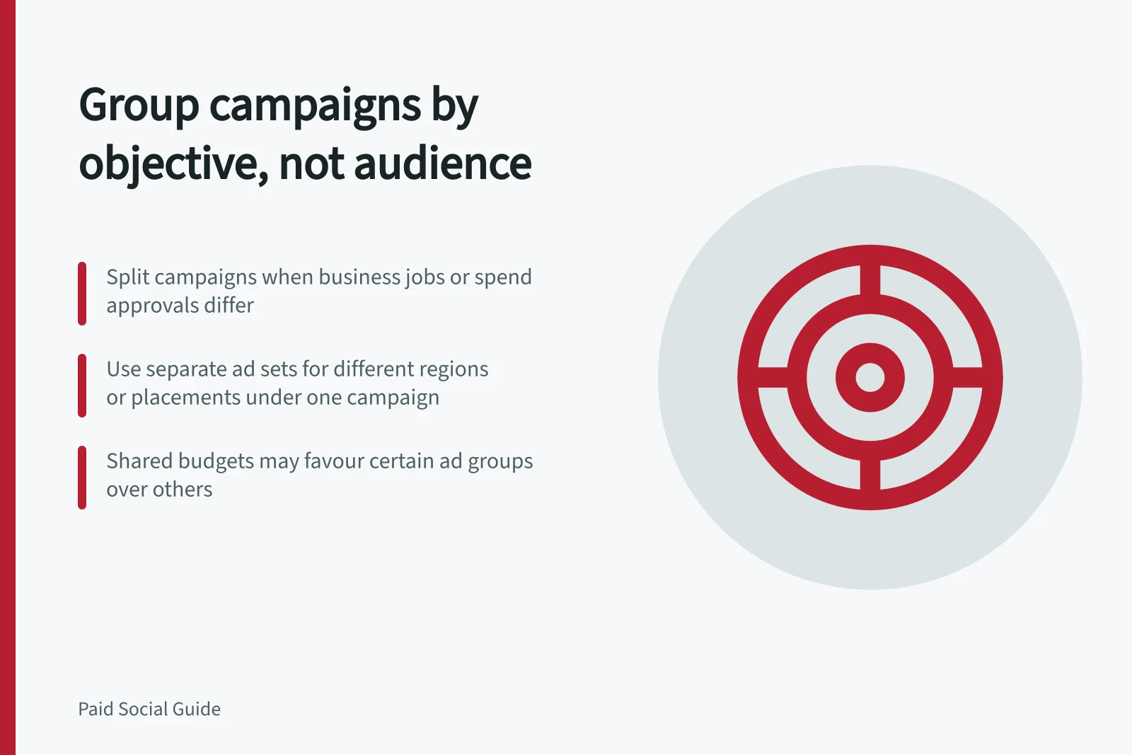 Group campaigns by objective, not audience: Split campaigns when business jobs or spend approvals differ; Use separate ad sets for different regions or placements under one campaign; Shared budgets may favour certain ad groups over others