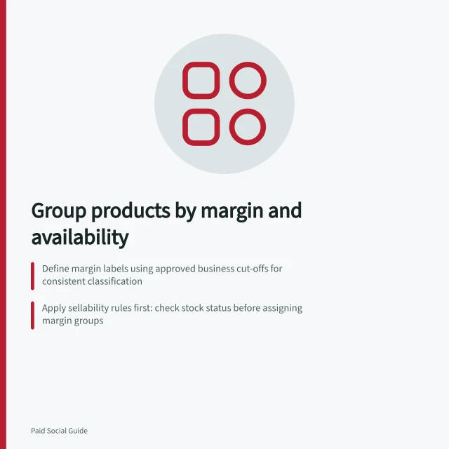 Group products by margin and availability: Define margin labels using approved business cut-offs for consistent classification; Apply sellability rules first: check stock status before assigning margin groups; Use TikTok for Business Product Sets with custom labels to maintain data privacy. Grouping catalogue products by margin and availability