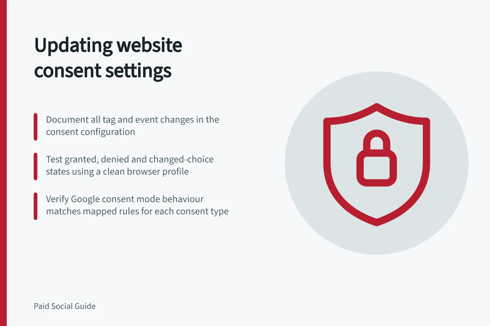 Updating website consent settings: Document all tag and event changes in the consent configuration; Test granted, denied and changed-choice states using a clean browser profile; Verify Google consent mode behaviour matches mapped rules for each consent type