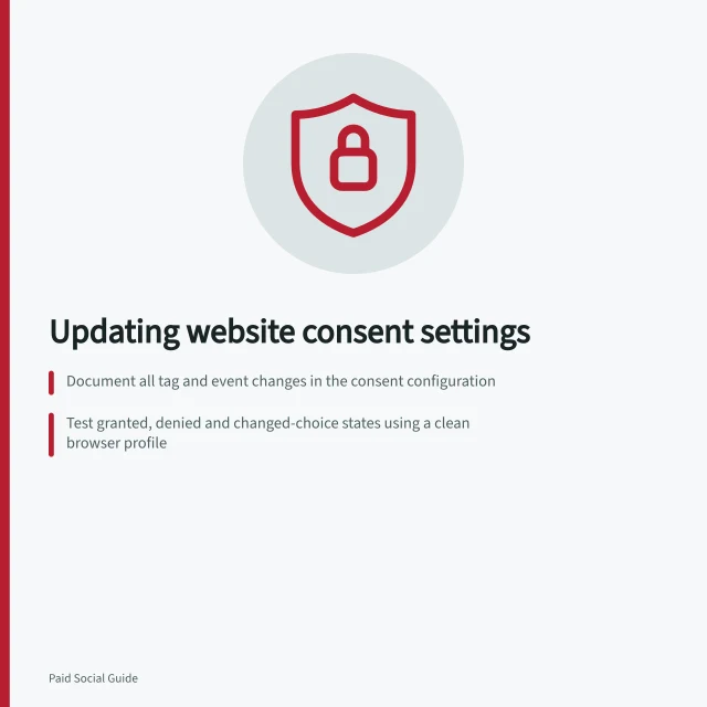 Updating website consent settings: Document all tag and event changes in the consent configuration; Test granted, denied and changed-choice states using a clean browser profile; Verify Google consent mode behaviour matches mapped rules for each consent type. Handling changes to a website's consent settings