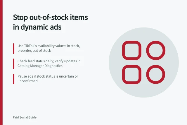 Stop out-of-stock items in dynamic ads: Use TikTok's availability values: in stock, preorder, out of stock; Check feed status daily; verify updates in Catalog Manager Diagnostics; Pause ads if stock status is uncertain or unconfirmed. Keeping out-of-stock products out of dynamic ads