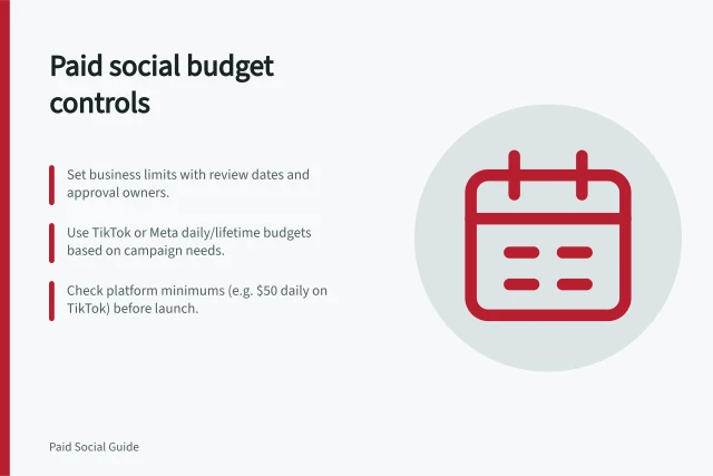 Paid social budget controls: Set business limits with review dates and approval owners.; Use TikTok or Meta daily/lifetime budgets based on campaign needs.; Check platform minimums (e.g. $50 daily on TikTok) before launch. Paid social budgets and campaign pacing