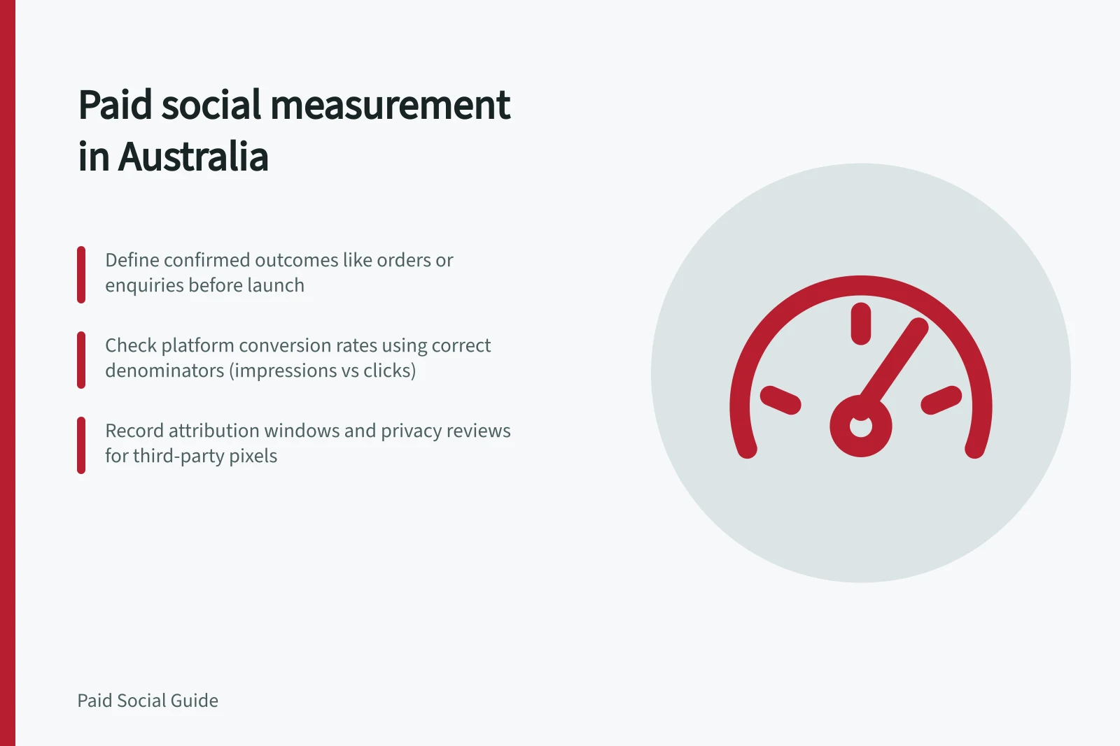 Paid social measurement in Australia: Define confirmed outcomes like orders or enquiries before launch; Check platform conversion rates using correct denominators (impressions vs clicks); Record attribution windows and privacy reviews for third-party pixels