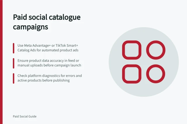 Paid social catalogue campaigns: Use Meta Advantage+ or TikTok Smart+ Catalog Ads for automated product ads; Ensure product data accuracy in feed or manual uploads before campaign launch; Check platform diagnostics for errors and active products before publishing. Paid social product catalogue campaigns