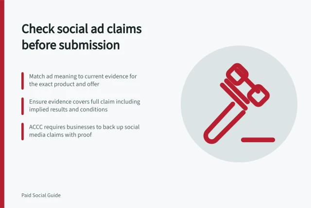 Check social ad claims before submission: Match ad meaning to current evidence for the exact product and offer; Ensure evidence covers full claim including implied results and conditions; ACCC requires businesses to back up social media claims with proof. Reviewing a social ad claim before submission