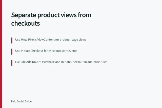 Separate product views from checkouts: Use Meta Pixel's ViewContent for product-page views; Use InitiateCheckout for checkout start events; Exclude AddToCart, Purchase and InitiateCheckout in audience rules. Separating product viewers from abandoned checkouts