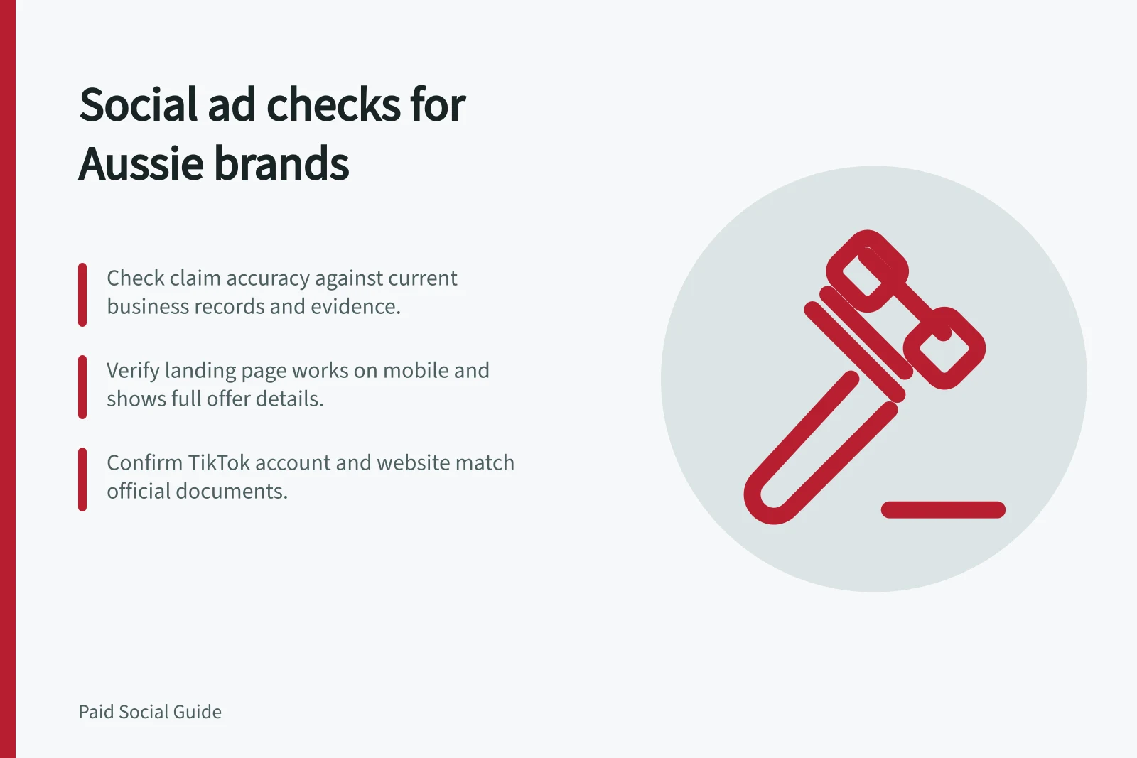 Social ad checks for Aussie brands: Check claim accuracy against current business records and evidence.; Verify landing page works on mobile and shows full offer details.; Confirm TikTok account and website match official documents.