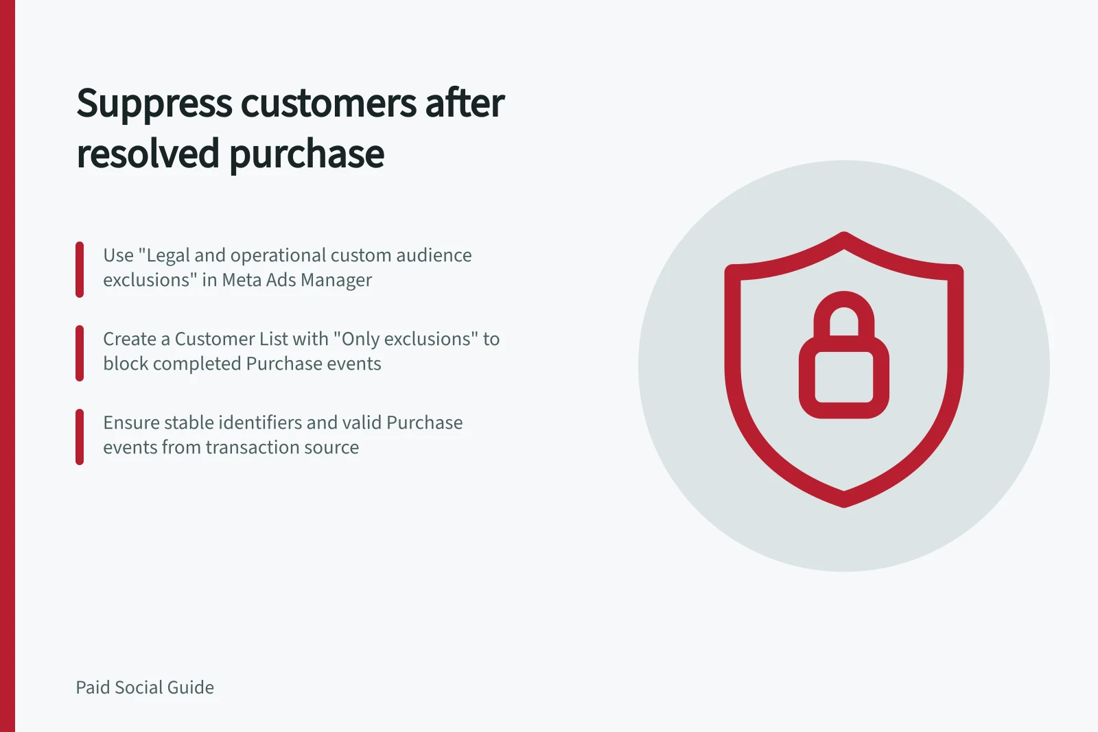 Suppress customers after resolved purchase: Use "Legal and operational custom audience exclusions" in Meta Ads Manager; Create a Customer List with "Only exclusions" to block completed Purchase events; Ensure stable identifiers and valid Purchase events from transaction source