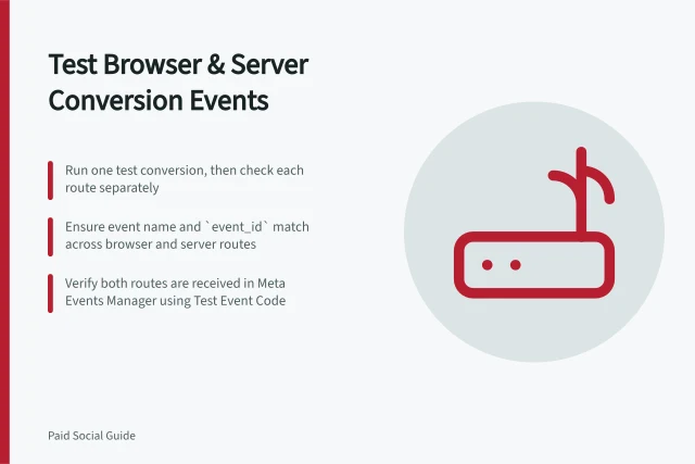 Test Browser & Server Conversion Events: Run one test conversion, then check each route separately; Ensure event name and `event_id` match across browser and server routes; Verify both routes are received in Meta Events Manager using Test Event Code. Testing browser and server-side conversion events together