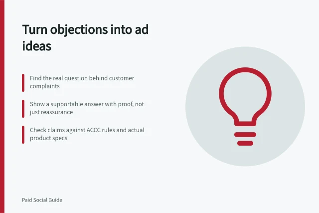 Turn objections into ad ideas: Find the real question behind customer complaints; Show a supportable answer with proof, not just reassurance; Check claims against ACCC rules and actual product specs. Turning a customer objection into an ad concept