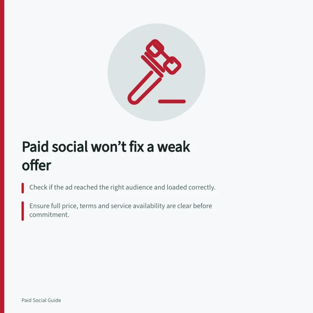 Paid social won’t fix a weak offer: Check if the ad reached the right audience and loaded correctly.; Ensure full price, terms and service availability are clear before commitment.; Correct misleading claims or unfulfillable promises before increasing spend. When paid social is unlikely to solve a weak offer
